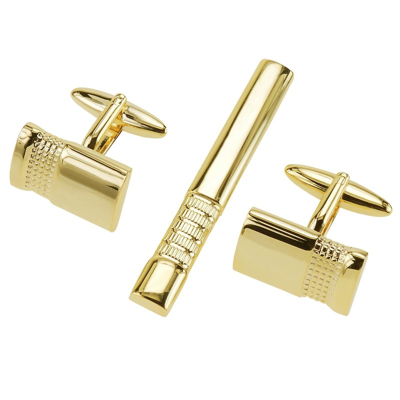 Check Pattern Gold Cufflinks and Tie Clip Set - Cuff Links - Other Metals Gold