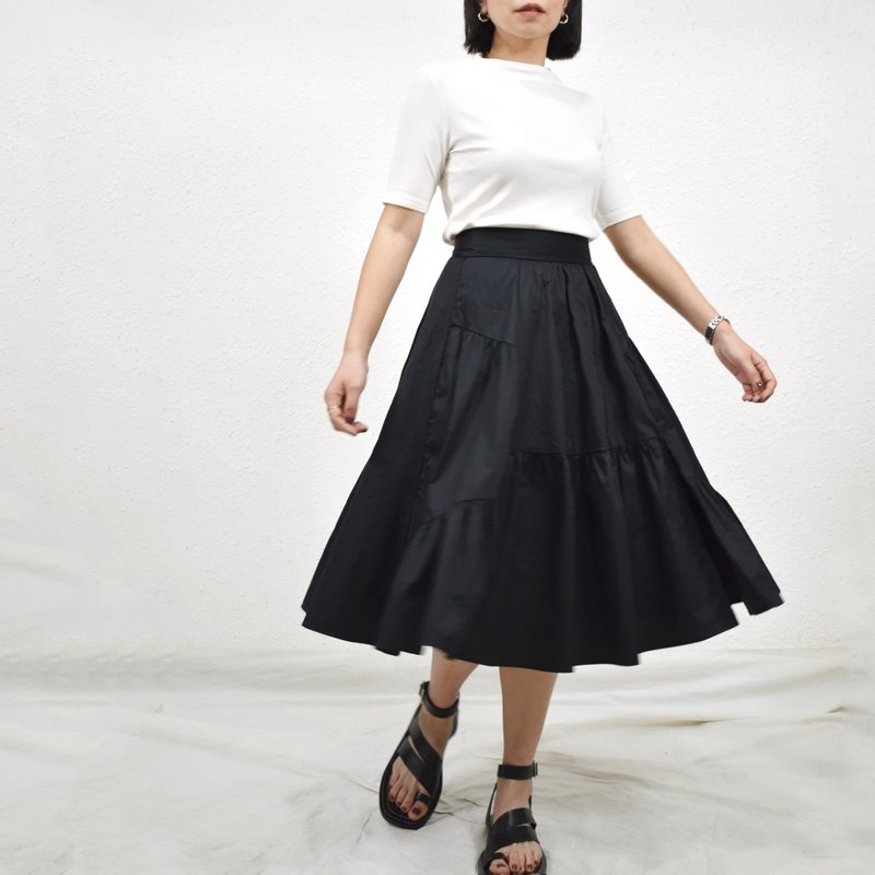 Caden Skirt- Black 黑色開叉打褶半身裙 - 裙子/長裙 - 棉．麻 黑色