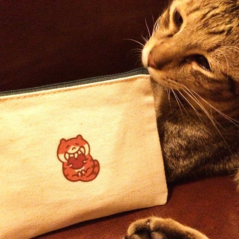 Wedding Small Items / Love You の Cat Canvas Coin Purse (Voucher Holder) Hand-printed Coin bag - Coin Purses - Cotton & Hemp Red