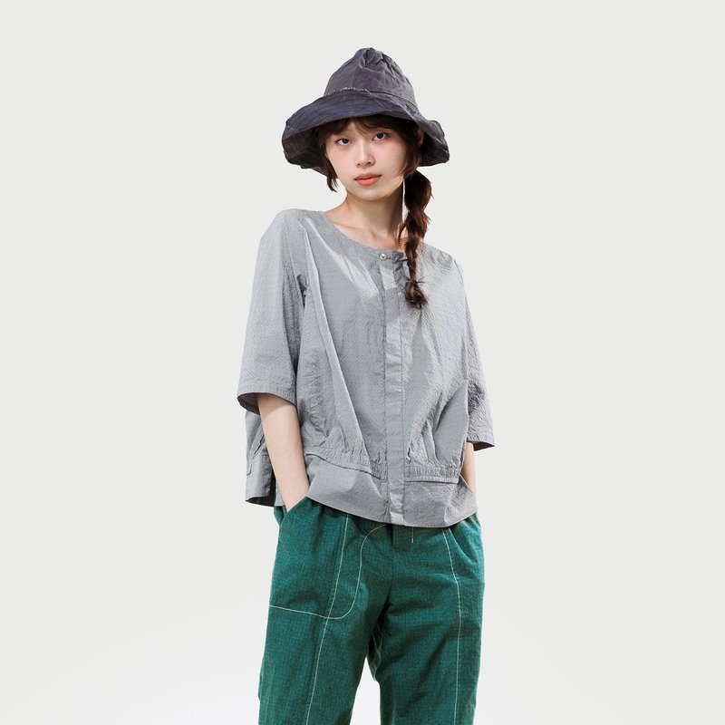 顆粒細點剪接無領襯衫 - 女襯衫 - 棉．麻 灰色
