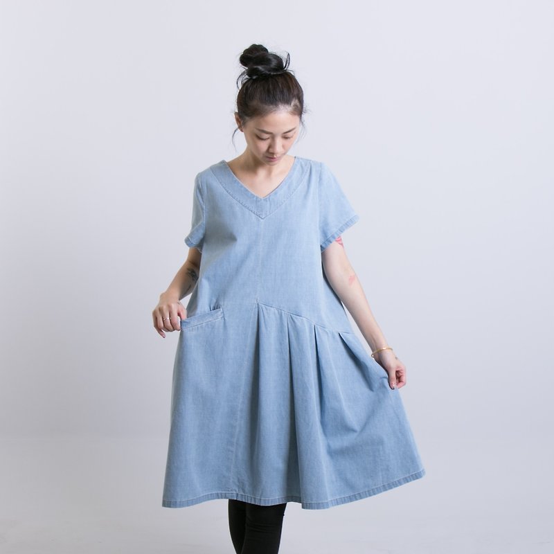 ハーフスカートドレス - ワンピース - コットン・麻 ブルー