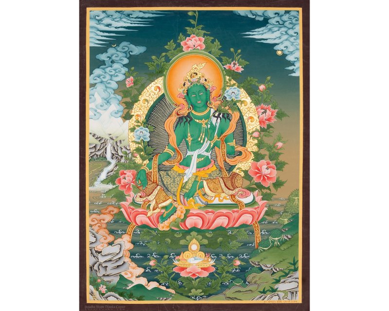 Vintage Green Tara Thangka Symbol of Enlightenment - Wall Décor - Other Materials Multicolor