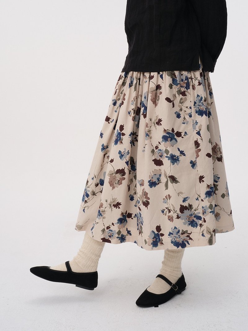 Cotton printed autumn and winter wide swing corduroy skirt - กระโปรง - ผ้าฝ้าย/ผ้าลินิน สีเทา