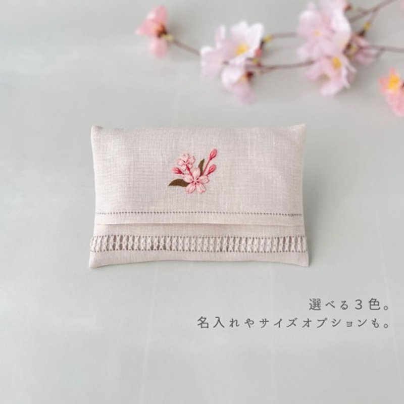 Pinkoi Proxy Purchase - Ezo Mountain Cherry Blossoms | Hand-embroidered and hand-sewn soft Linen pocket Tissue Box - Toiletry Bags & Pouches - Cotton & Hemp 