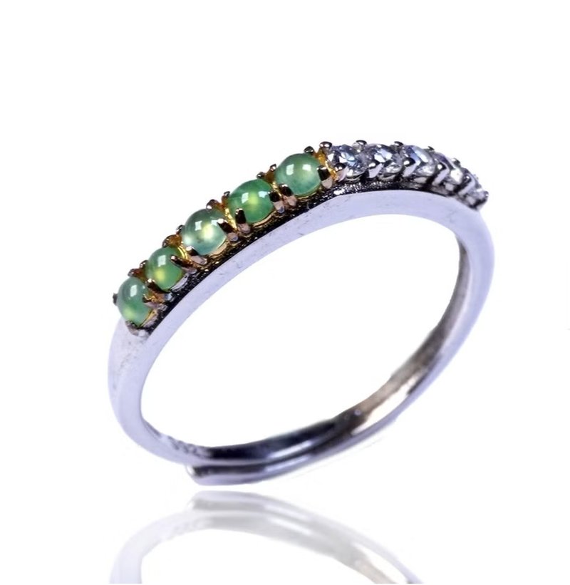 Ice sun green jade cabochon ring 925 sterling silver | Natural Burmese jade A grade jade | Gift giving - แหวนทั่วไป - หยก สีเขียว