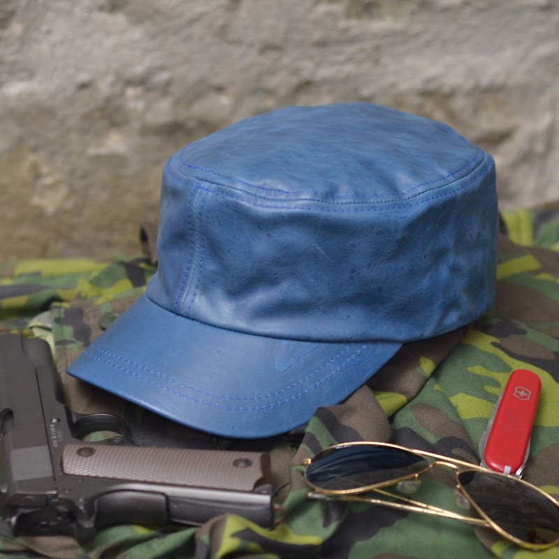 【MAJORLIN】Cowhide military hat retro blue distressed cowhide - Hats & Caps - Genuine Leather Blue