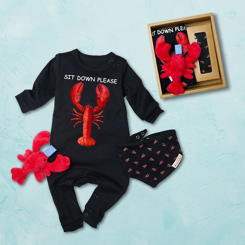 Lobster Jumpsuit (White) &Pacifier Holder&Bibs - Baby shower gift - ของขวัญวันครบรอบ - ผ้าฝ้าย/ผ้าลินิน สีดำ