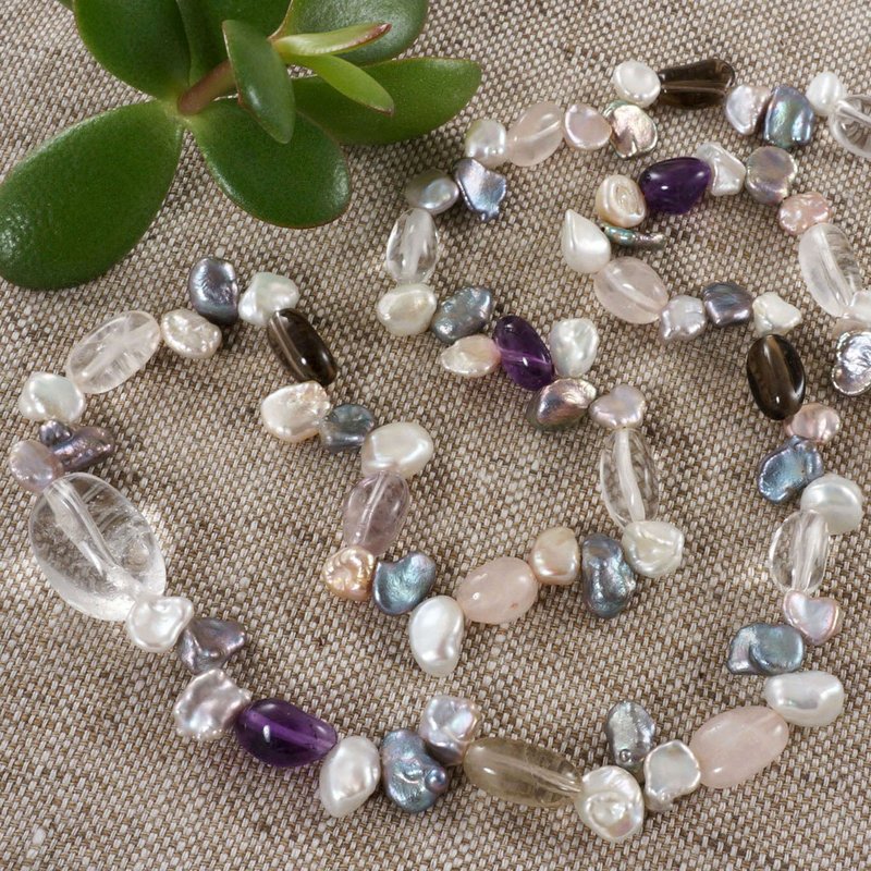 Keshi Pearl Rock Crystal Rose Quartz Amethyst White Blue Pink Purple Necklace - Necklaces - Pearl White