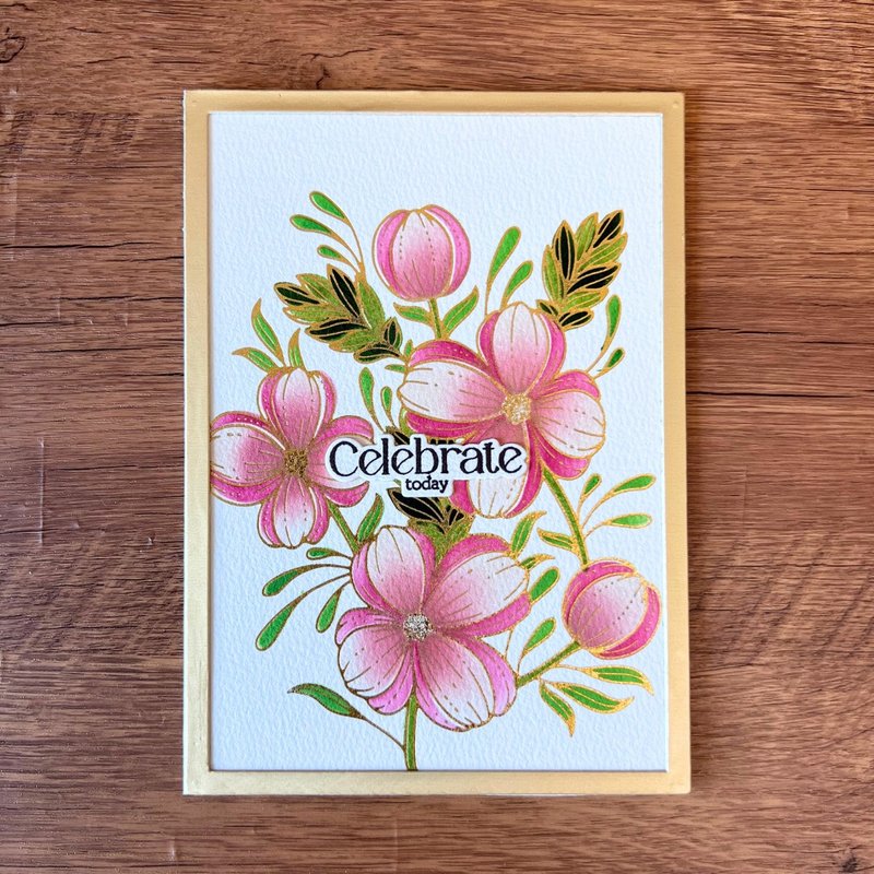 Celebrate Today Pink Flowers Foiled Golden Frame Peony Birthday Wedding Celebrat - Cards & Postcards - Paper Pink