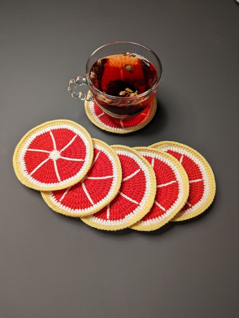 Set of bright cotton coasters in the shape of handmade grapefruit slices - Coasters - Cotton & Hemp Red