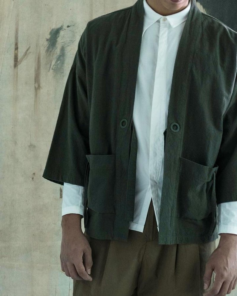 Boxy Kimono Cardigan - เสื้อโค้ทผู้ชาย - ผ้าฝ้าย/ผ้าลินิน สีเขียว