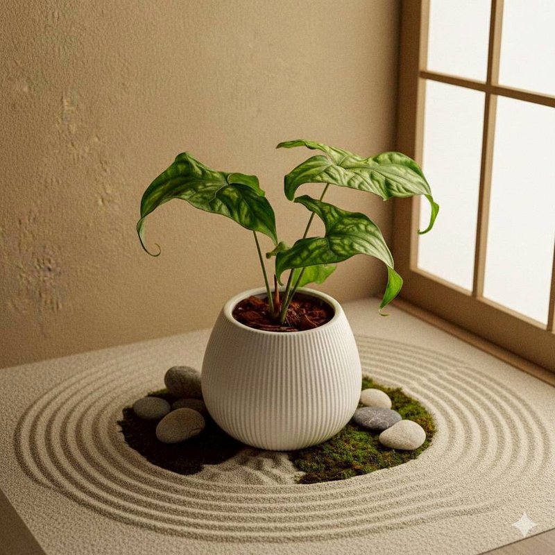African Mask Philodendron, Round Striped Ceramic Pot, White, Narrow Neck, Desktop Plant, Housewarming Gift, New Home Gift - ตกแต่งต้นไม้ - พืช/ดอกไม้ สีเขียว
