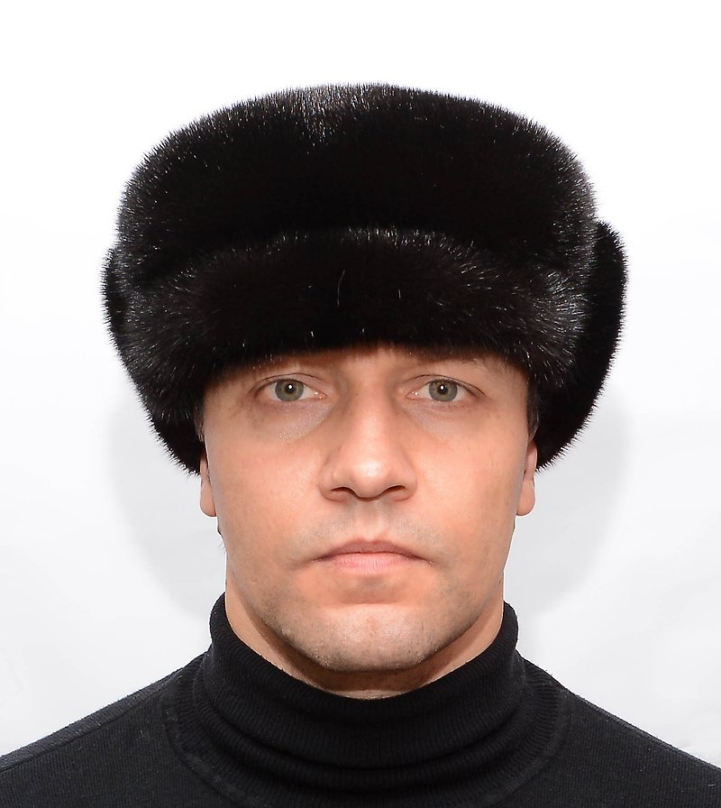 Winter Elegant Men's Fur Cap's Made of 100% Real Luxury Mink Black Fur - หมวก - ขนแกะ สีดำ