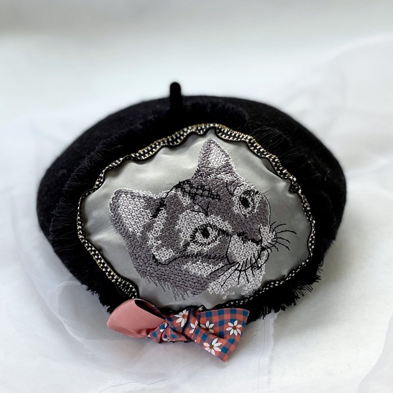 貝蕾帽beret /貴族貓咪貝雷帽 羊毛 刺繡蕾絲帽子 蓓蕾帽 畫家帽 - 帽子 - 其他材質 黑色