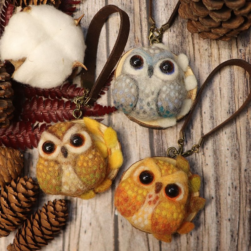 Wool Felt & Natural / Wood Forest Owl Pendant Series - Keychains - Wool Brown