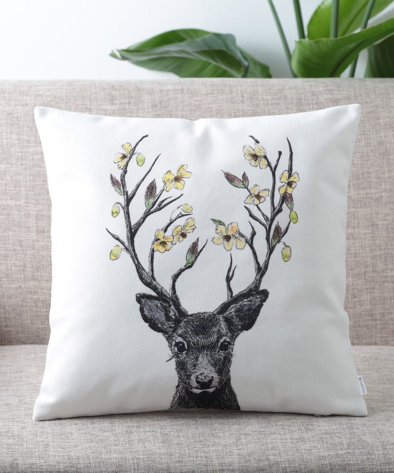 Jubilee 天然亞麻材質 抱枕套 柔軟觸感 花與馴鹿款 - 枕頭/抱枕 - 棉．麻 多色