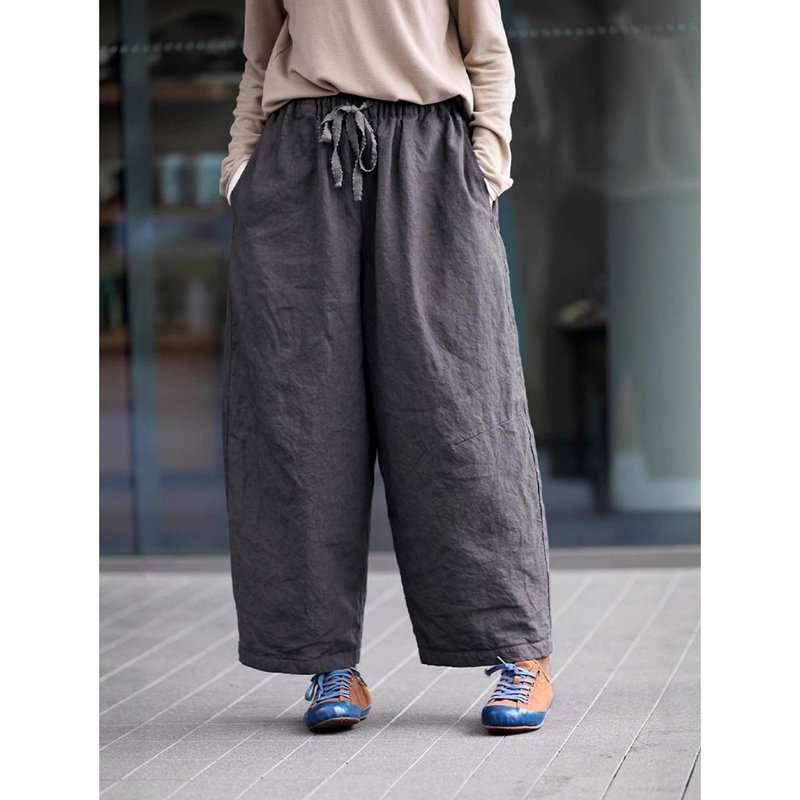 墨灰色松緊腰寬松夾棉保暖蘿卜褲 - 女長褲 - 棉．麻 