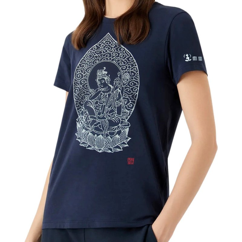 Japanese art T-shirt - Buddhist god Kannon 100%Cotton Made in Japan - เสื้อยืดผู้หญิง - ผ้าฝ้าย/ผ้าลินิน สีน้ำเงิน