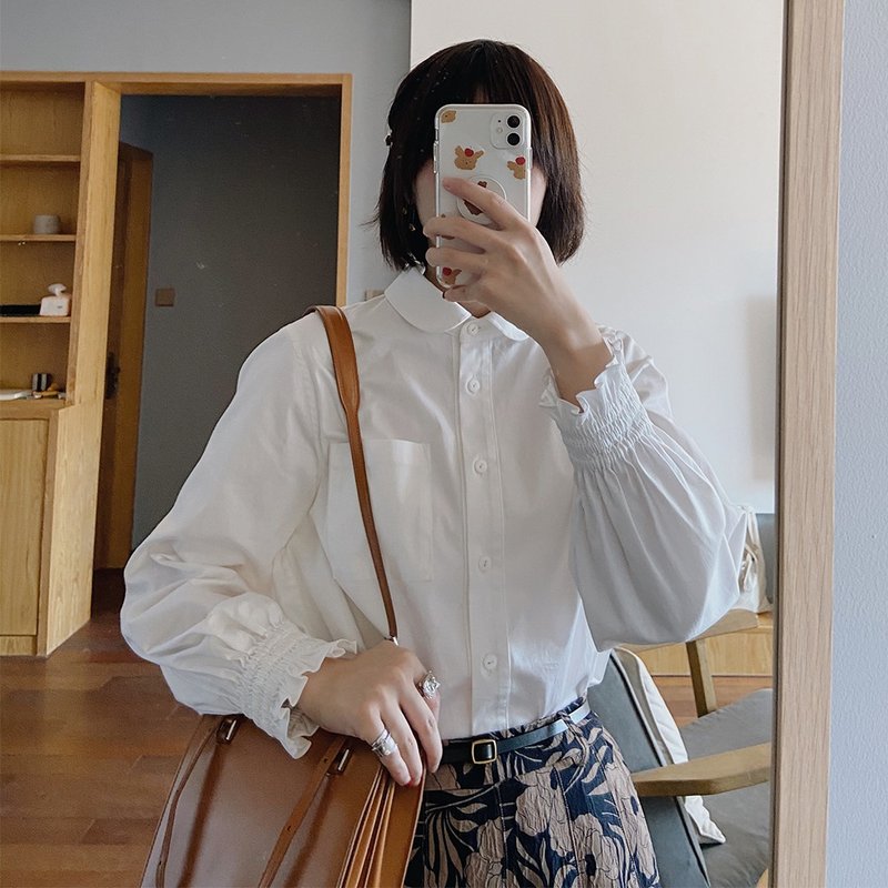 白色娃娃領長袖襯衣|襯衣|春款|棉|Sora-447 - 女襯衫 - 棉．麻 白色