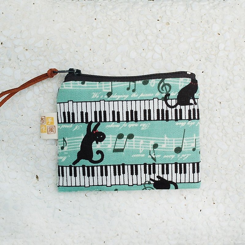 Piano Black Cat Flat Coin Bag_Green - กระเป๋าใส่เหรียญ - ผ้าฝ้าย/ผ้าลินิน สีเขียว