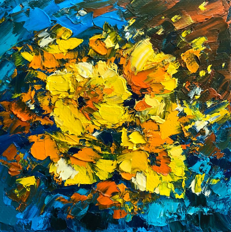 Original Oil Painting On Canvas Yellow Flowers Modern Textured Impasto Artwork - 壁貼/牆壁裝飾 - 棉．麻 多色