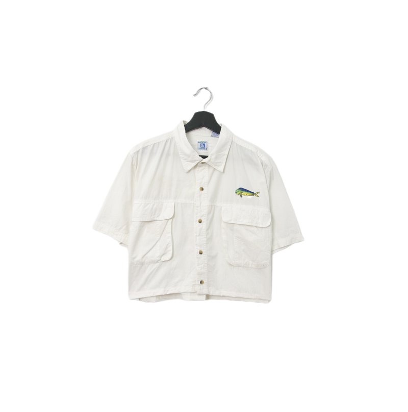 Back to Green-再製短板刺繡襯衫 藍黃鰭魚 wt-31//vintage shirt - 女襯衫 - 棉．麻 