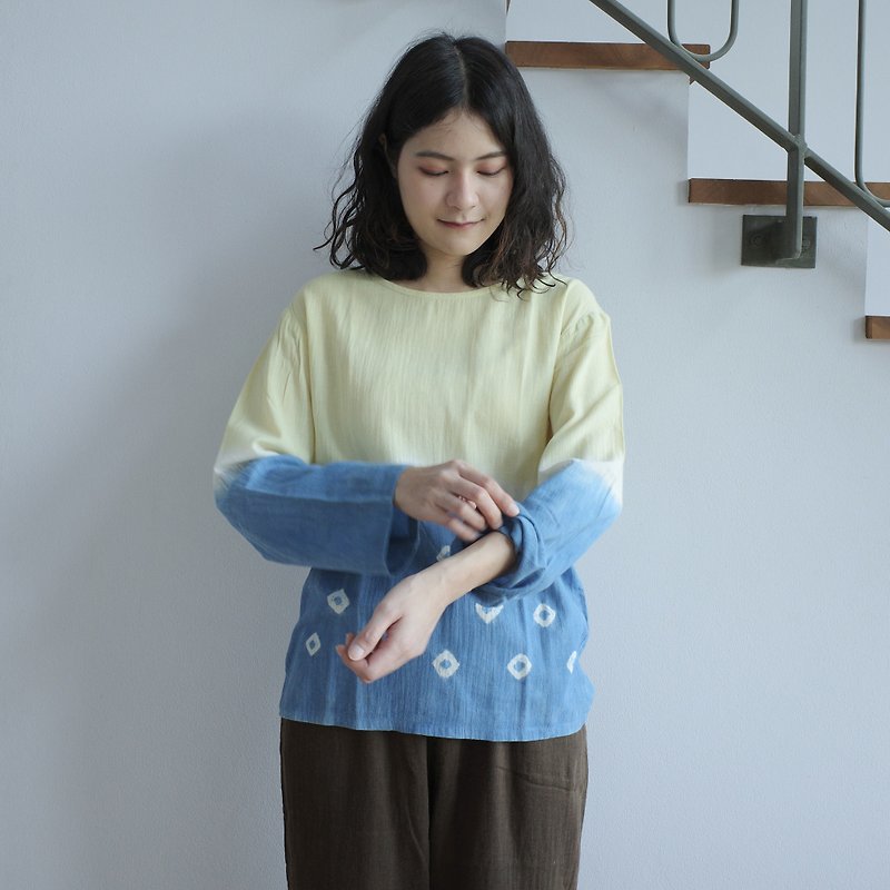 indigo dot x yellow long-sleeve shirt / M size / 100% cotton