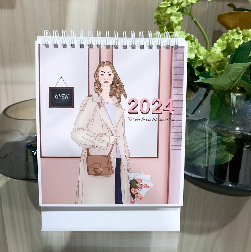 2024 Girls and Furbaby Illustration Desk Calendar - ปฏิทิน - กระดาษ 