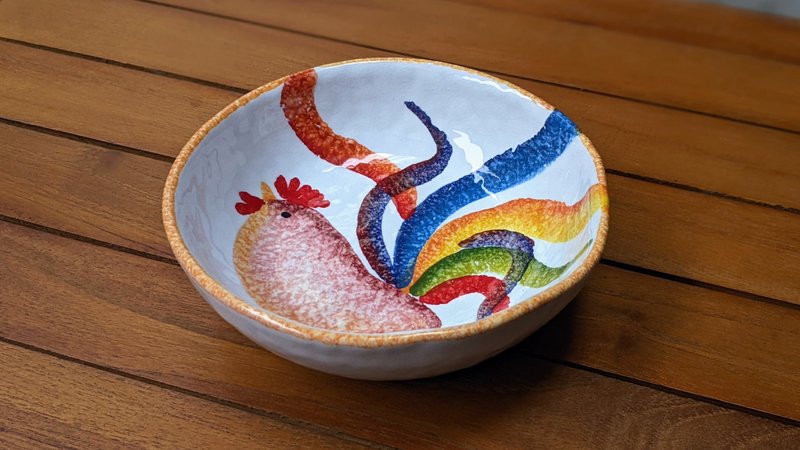 Italian Handmade Pottery-BNG Lucky Rooster Shallow Bowl 14cm - Bowls - Pottery Multicolor