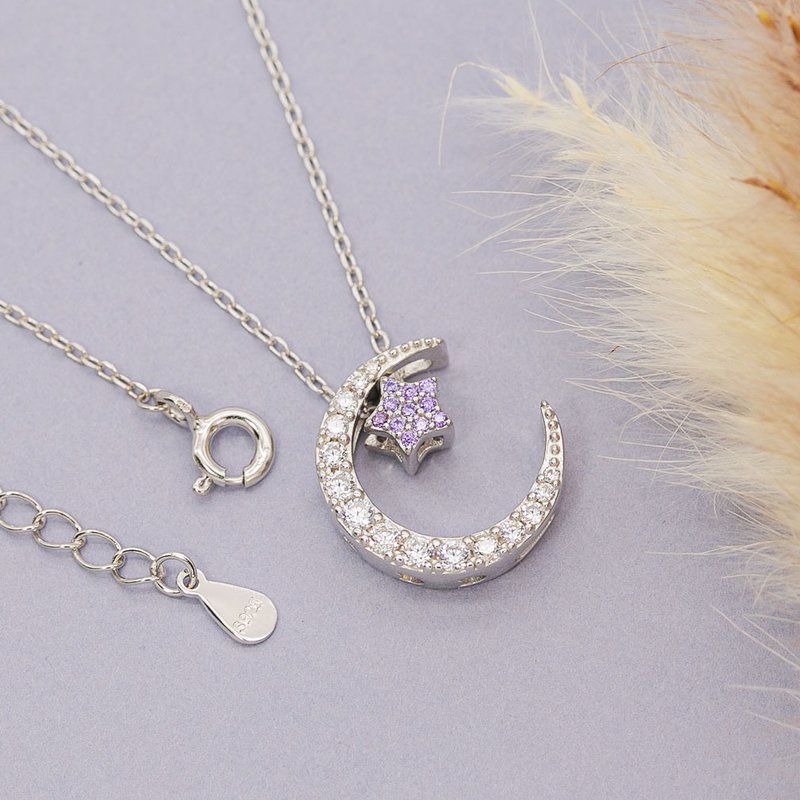 Devalier Birthstone Necklace Women's Accessories Gold Silver 925 Crystal Moon Star Wrapping December Birthday Gift Tanzanite Color - สร้อยคอ - โลหะ สีเงิน