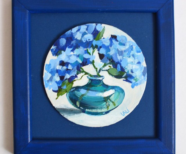 【額縁付き原画】赤い花と青い紫陽花の静物画｜アクリル絵画 額縁付き原画】赤い花と青い紫陽花の静物画｜アクリル絵画