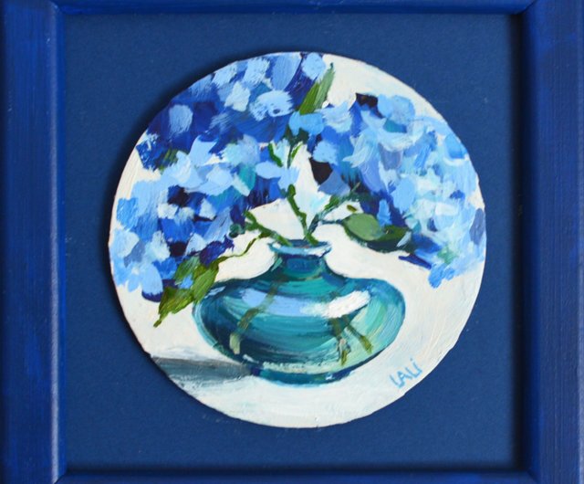 額縁付き原画】赤い花と青い紫陽花の静物画｜アクリル絵画
