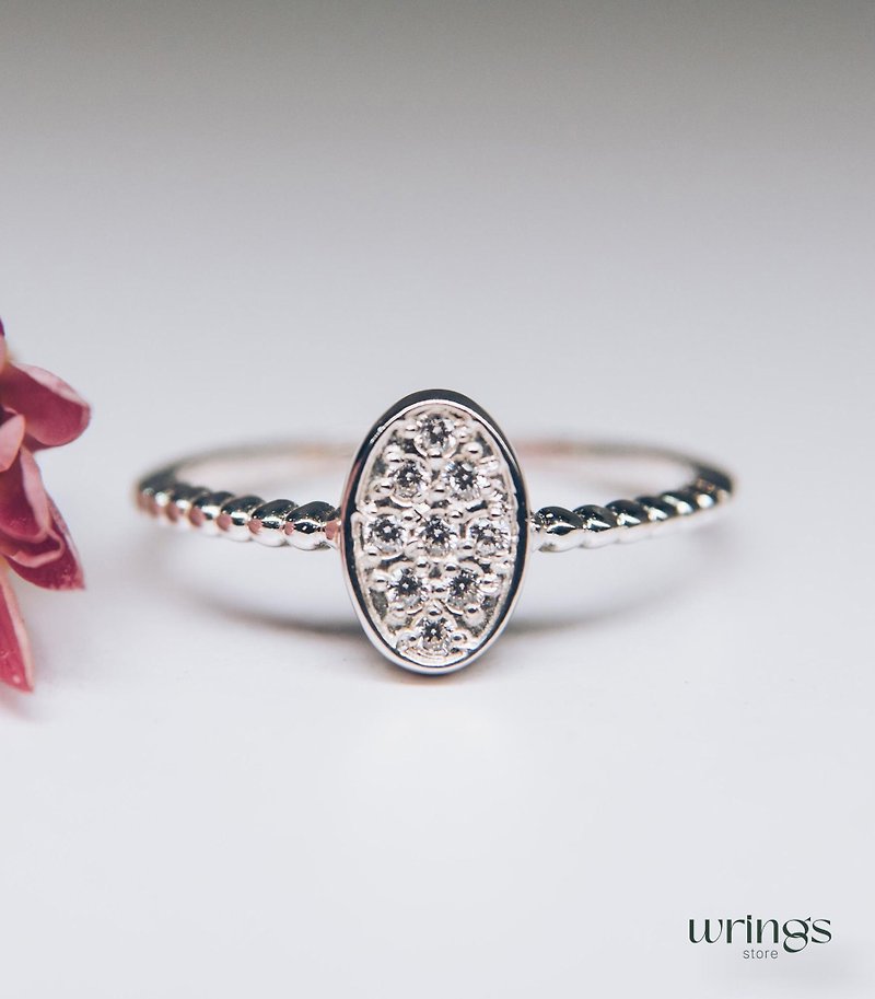 珠飾銀質橢圓戒指鑲嵌天然鑽石鋪鑲風格定制多寶石 - 戒指 - 純銀 白色