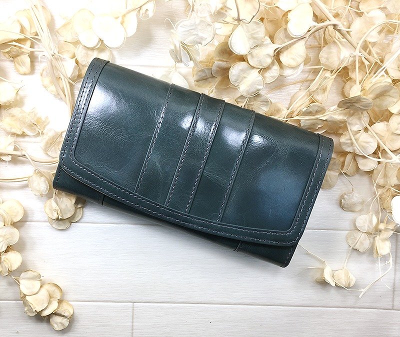 015BL Long wallet Gamaguchi leather stripe color scheme Long wallet / stripe / petite / leather / leather / flap / beautiful 包 包 / 葉 紋 / 包装 / leather / leather / lid / beauty - กระเป๋าสตางค์ - หนังแท้ สีน้ำเงิน