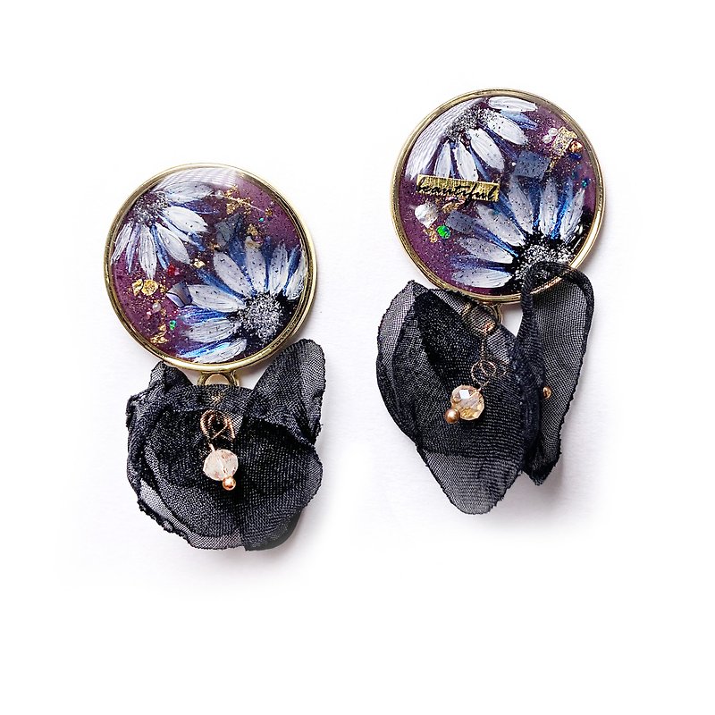 Limited  Japanese resin   Black flower earrings - ต่างหู - เรซิน สีดำ