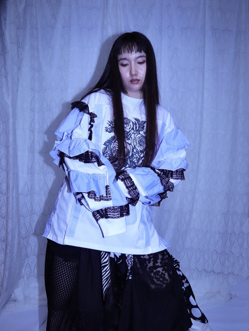 蕾絲印花改造TEE shirt9033MEIKEIIN原創設計手作 - 女上衣/長袖上衣 - 其他材質 白色
