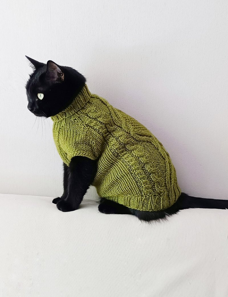 Cable cat sweater Sphynx clothing Wool cat jumper Turtleneck pet sweater - 寵物衣服 - 羊毛 
