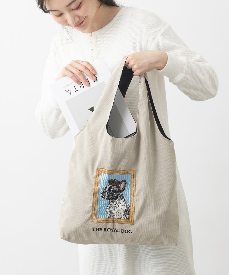 Jubilee Animal Embroidery Corduroy Tote Bag Dog Ivory - Messenger Bags & Sling Bags - Polyester White