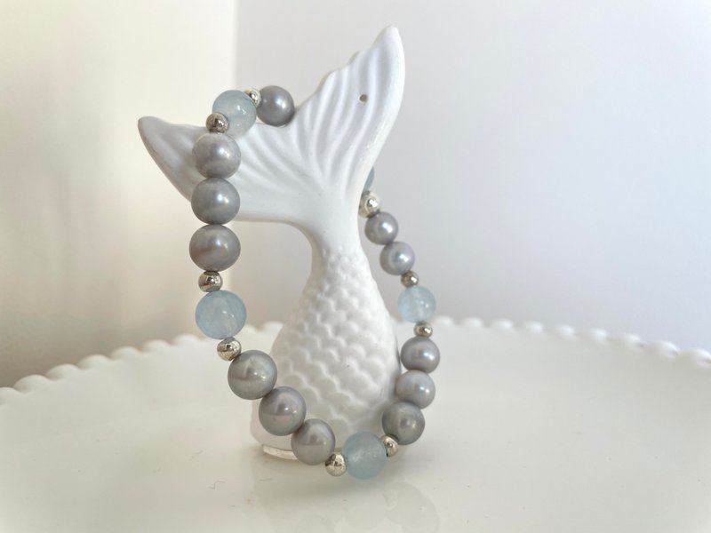 Blue Bubble Natural Freshwater Pearl Natural Morgan Chalcedony Sterling Silver Stretch Bracelet - Bracelets - Pearl Transparent