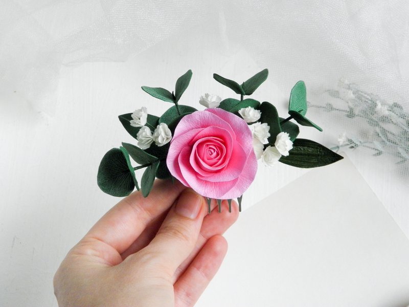 Pink wedding hair comb Flower bridal hair piece Rose comb for bride - 髮圈/髮夾 - 植物．花 粉紅色