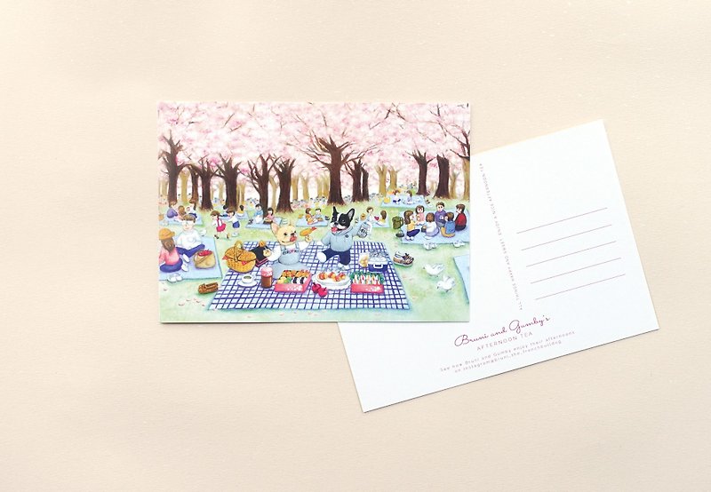 Illustrated French Bulldog Postcard - Picnic under the Sakura Trees  x1pc - Cards & Postcards - Paper Yellow