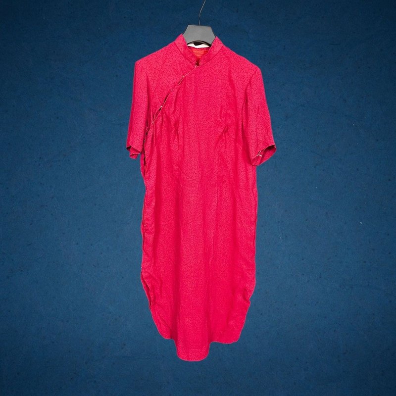 二手 古董訂製 桃色 葉片印花 輕薄 短袖 旗袍 CA801 - 洋裝/連身裙 - 聚酯纖維 紅色