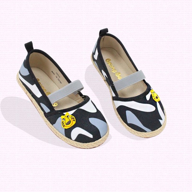 Ramie Cotton fabric Mary Janes shoes – black and white toothless tiger - Kids' Shoes - Cotton & Hemp Black