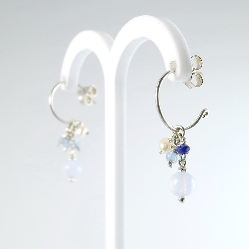 [ColorDay] Blue Lace Agate / Lapis / pearl hoop earrings - sterling silver C <Natural Blue Lace Agate / Lapis Lazuli / Pearl Silver Earring> - Earrings & Clip-ons - Gemstone Gray