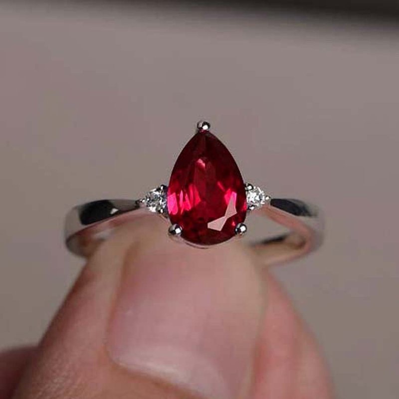 9 x 7 mm. Pear Natural ruby ring silver sterling size 7.0 free resize - 戒指 - 純銀 紅色