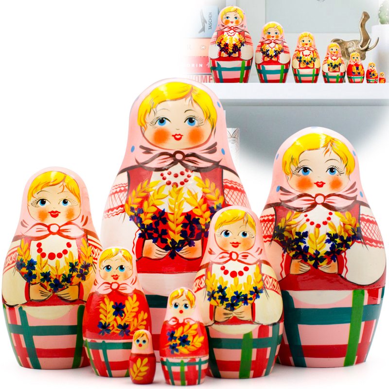 Russian Nesting Dolls Set 7 pcs - Matryoshka Doll with Cornflowers and Spikelets - Kids' Toys - Wood Multicolor