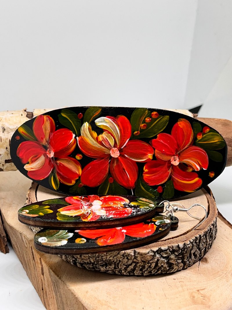 Ukrainian Hair Accessories Hand Painted Hairprins Clip Barrette Clip Women Art - 髮圈/髮夾 - 木頭 紅色