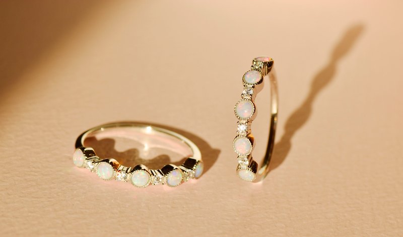 奶蛋白石相連戒指 - 925純銀 - 鋯石 - 歐泊 - 戒指 - 寶石 
