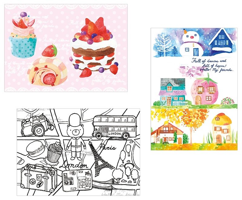 Strawberry Cake Four Seasons House Europe Travel Illustration Postcard Set (3 sheets set) - การ์ด/โปสการ์ด - กระดาษ หลากหลายสี