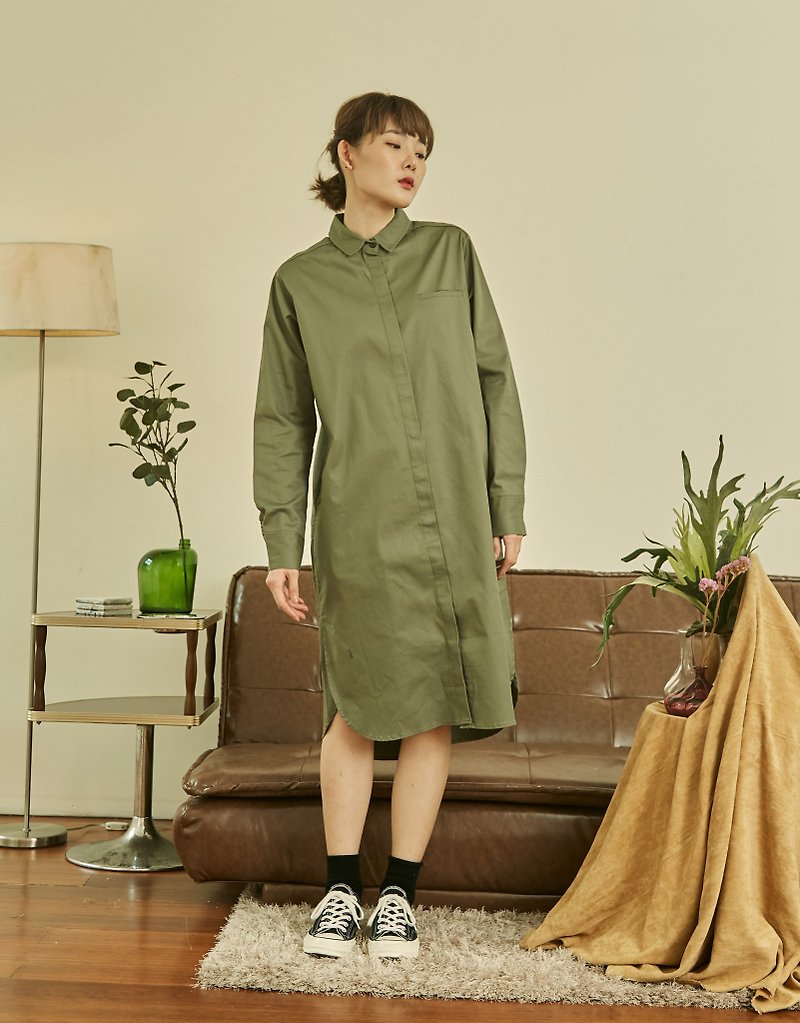 Long Sleeve Cotton Dress Shirt - Olive Green - 連身裙 - 棉．麻 綠色